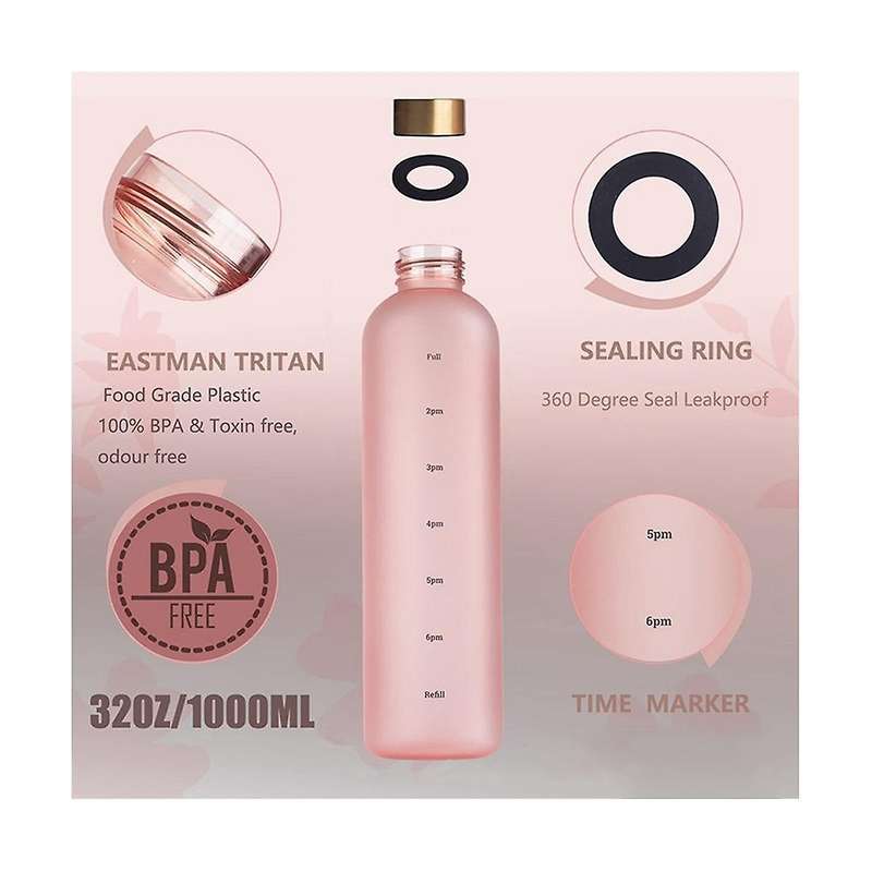 1l Water Bottle with Time Marker 32 Motivational Reusable Fitness Sports Leakproof Frosted Plastic