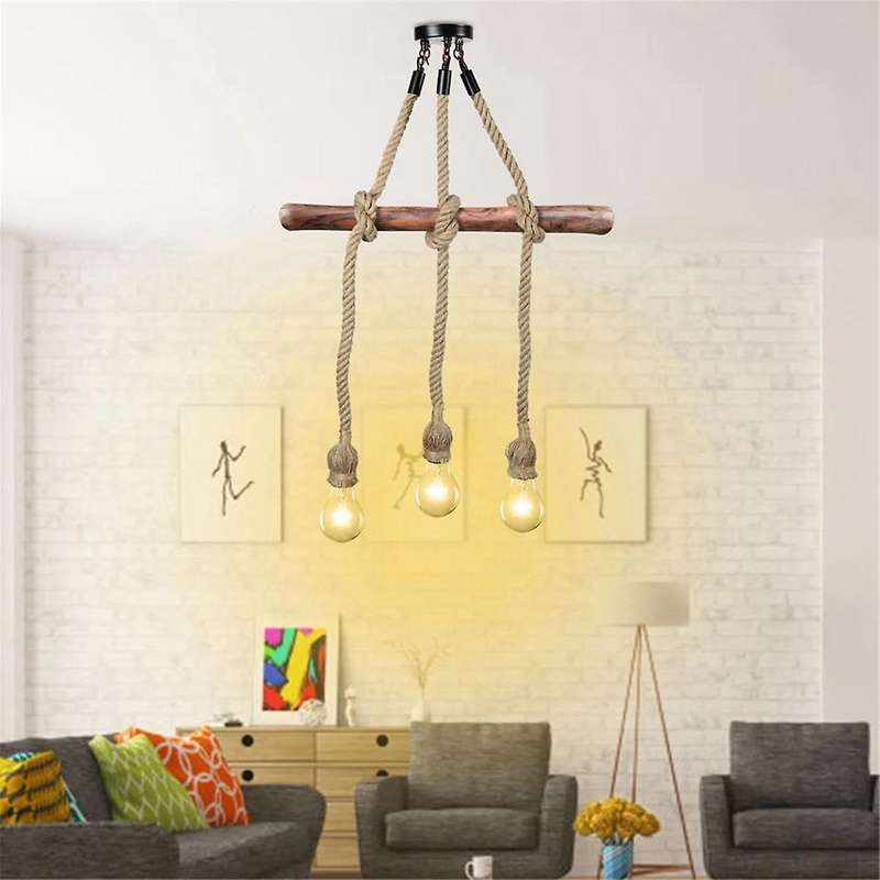 1M Industrial Chandelier E27 3 Head LED Retro Rope Ceiling Lamp without Light Bulb Living Room Kitch