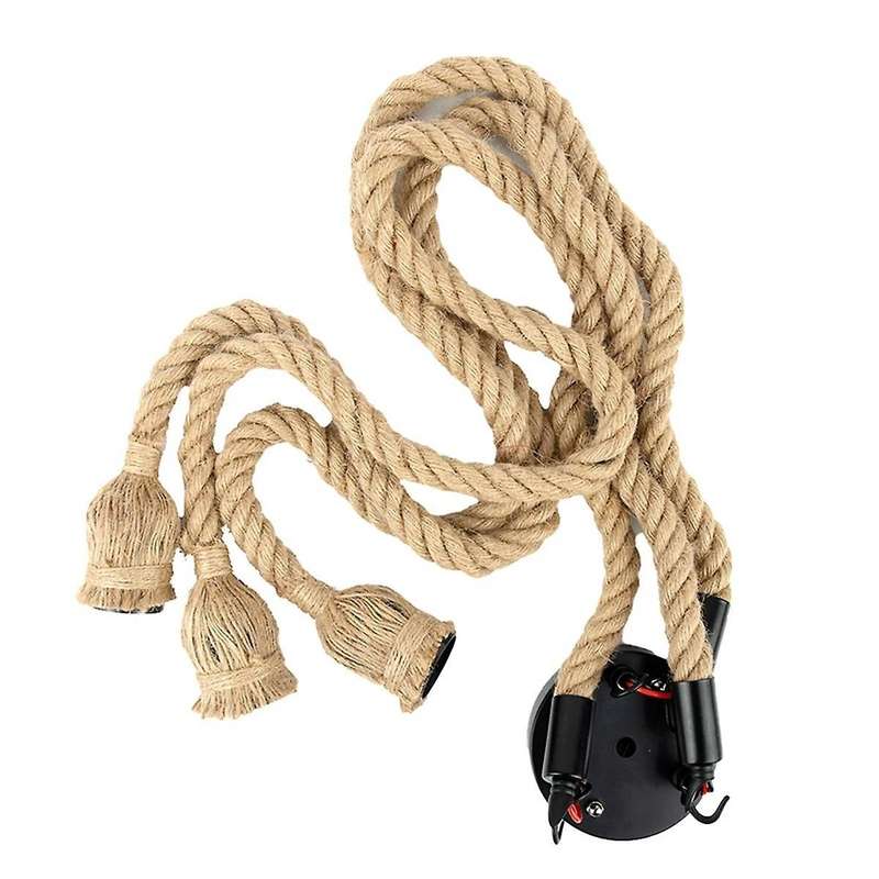 1M Industrial Chandelier E27 3 Head LED Retro Rope Ceiling Lamp without Light Bulb Living Room Kitch