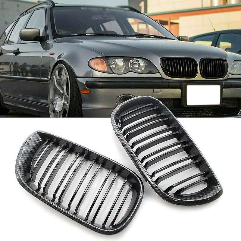1Pair Car Carbon Gloss Black Dual Line Front Kidney Grilles for E46 4 Door 3 Series 2002-2005 Car Ac