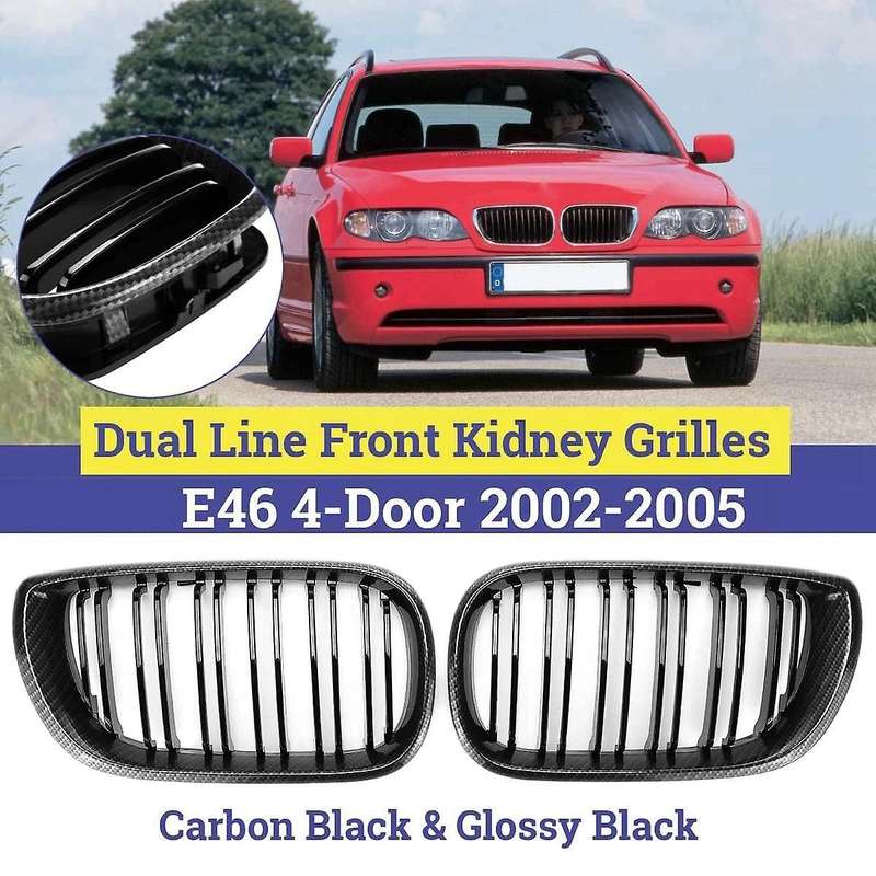 1Pair Car Carbon Gloss Black Dual Line Front Kidney Grilles for E46 4 Door 3 Series 2002-2005 Car Ac
