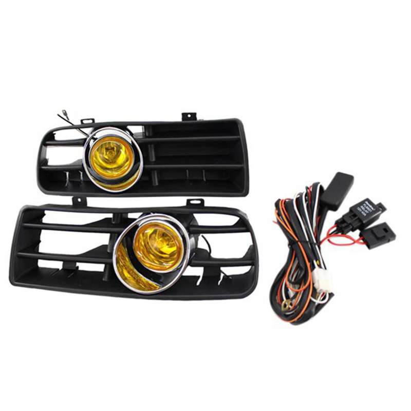 1Pair Front Bumper Fog Lights Grille LED Lamp with Wire Kit Yellow for Golf MK4 1998-2004