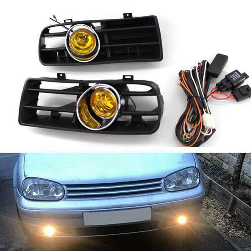1Pair Front Bumper Fog Lights Grille LED Lamp with Wire Kit Yellow for Golf MK4 1998-2004