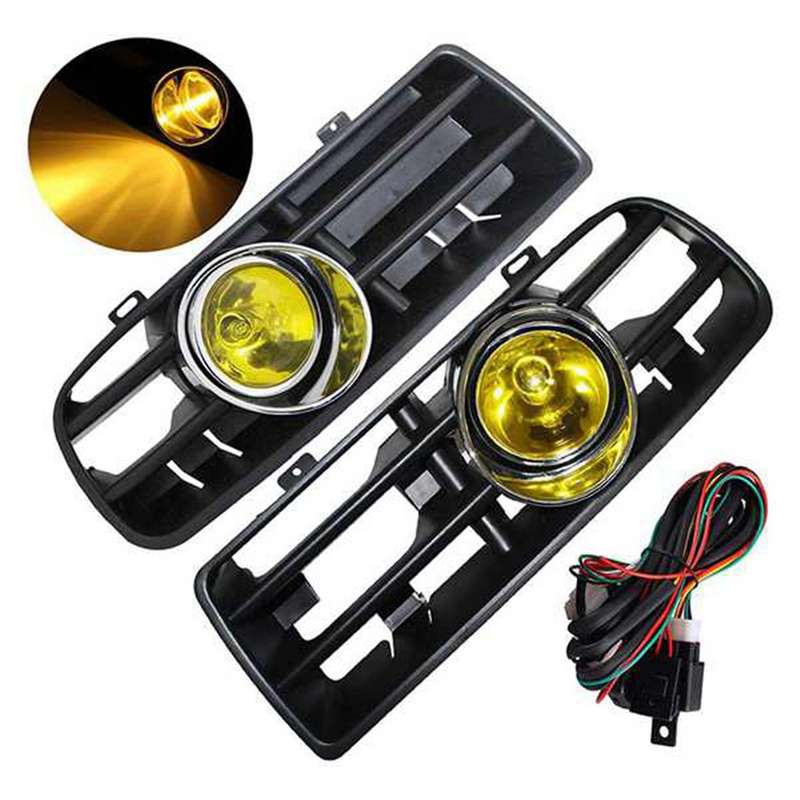 1Pair Front Bumper Fog Lights Grille LED Lamp with Wire Kit Yellow for Golf MK4 1998-2004
