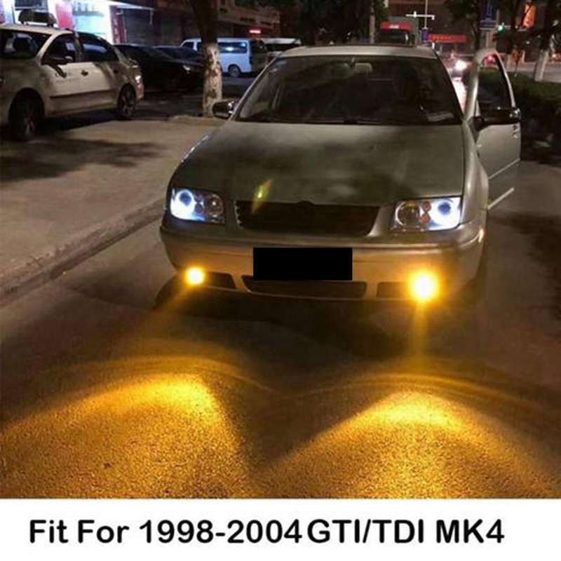 1Pair Front Bumper Fog Lights Grille LED Lamp with Wire Kit Yellow for Golf MK4 1998-2004