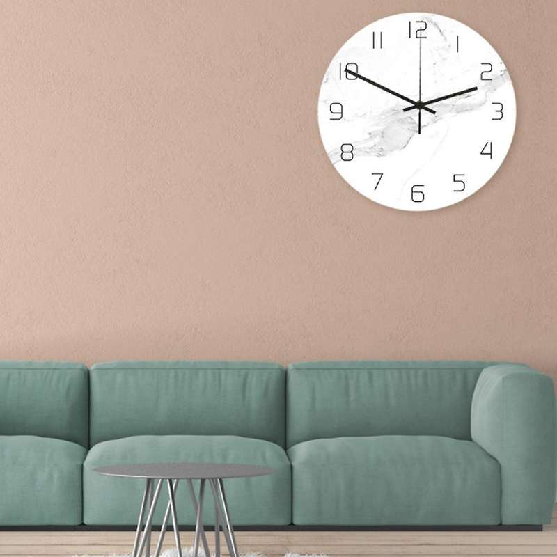 1Pc Wall Clock White Marble Grain UV Print Hanging Acrylic Round Clock Decorative Clock without Batt