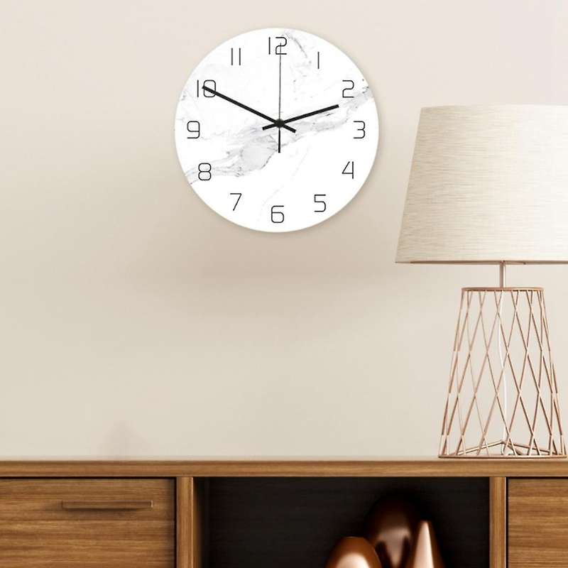 1Pc Wall Clock White Marble Grain UV Print Hanging Acrylic Round Clock Decorative Clock without Batt