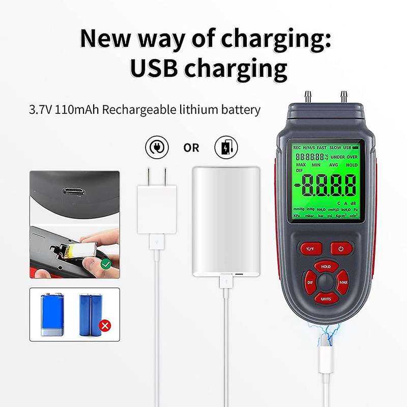 1Pcs +/- 2.999 Psi Digital Handheld Manometer +/- 83 Wc HVAC Gas Pressure Tester Differential Dual P