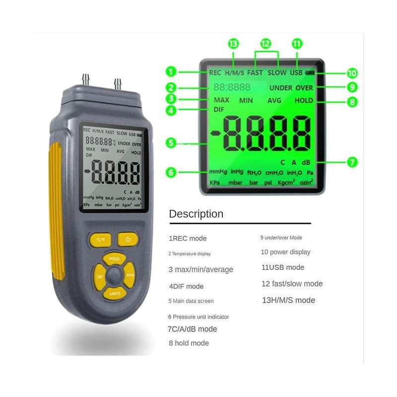 1Pcs 100Psi Digital Handheld Manometer 2768Wc HVAC Gas Pressure Tester Differential Dual Port Pre