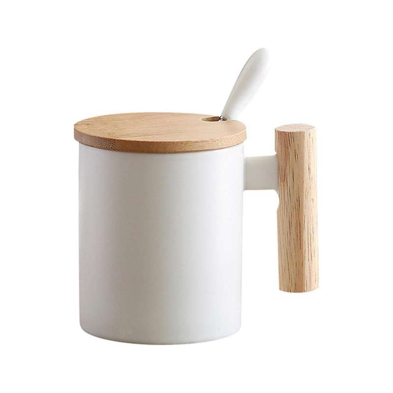 1pcs 310ml Ceramic Wooden Handle Coffee Mug with Lid and Spoon Couples Cup Office Kitchen Gift Cup