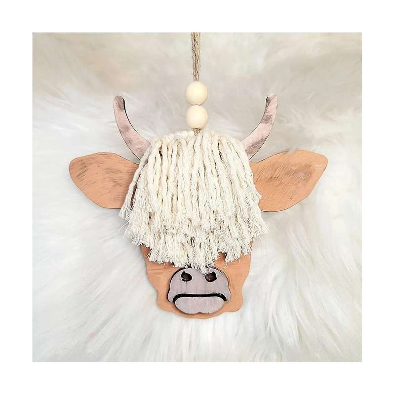 1PCS Cow Head Pendant Macrame Car Charm Horn Wooden Pendant Decorative Cattle Rear View Mirror Hang