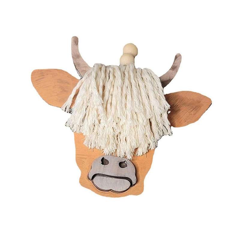 1PCS Cow Head Pendant Macrame Car Charm Horn Wooden Pendant Decorative Cattle Rear View Mirror Hang