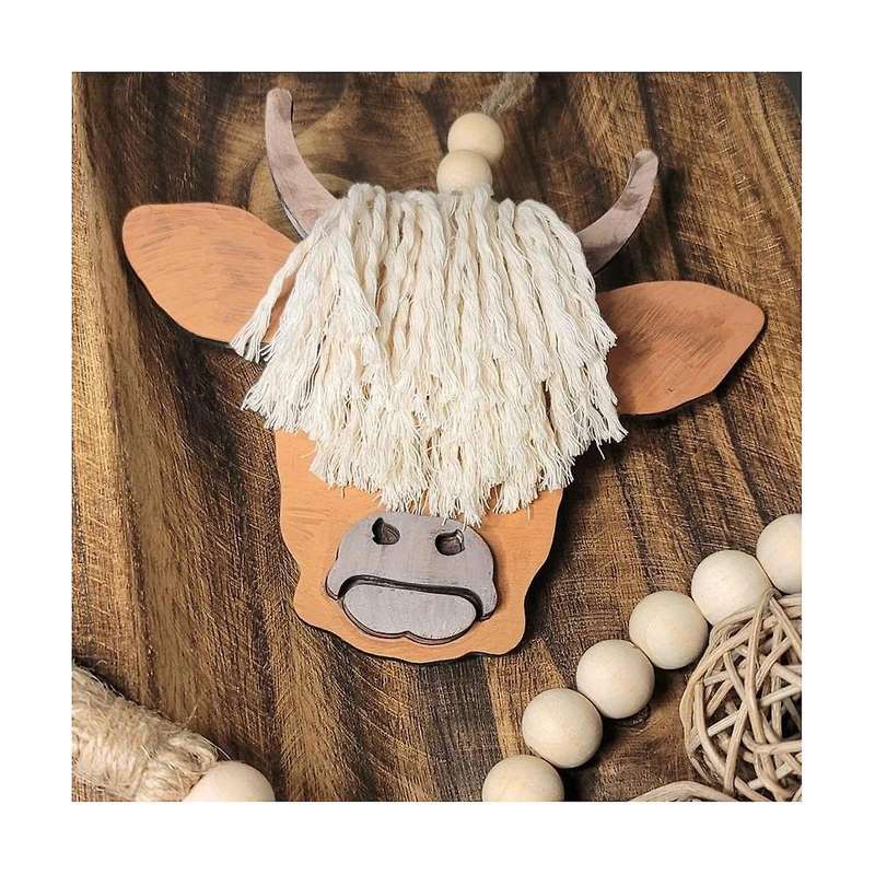 1PCS Cow Head Pendant Macrame Car Charm Horn Wooden Pendant Decorative Cattle Rear View Mirror Hang