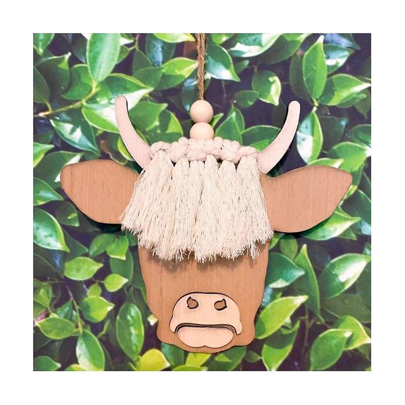 1PCS Cow Head Pendant Macrame Car Charm Horn Wooden Pendant Decorative Cattle Rear View Mirror Hang