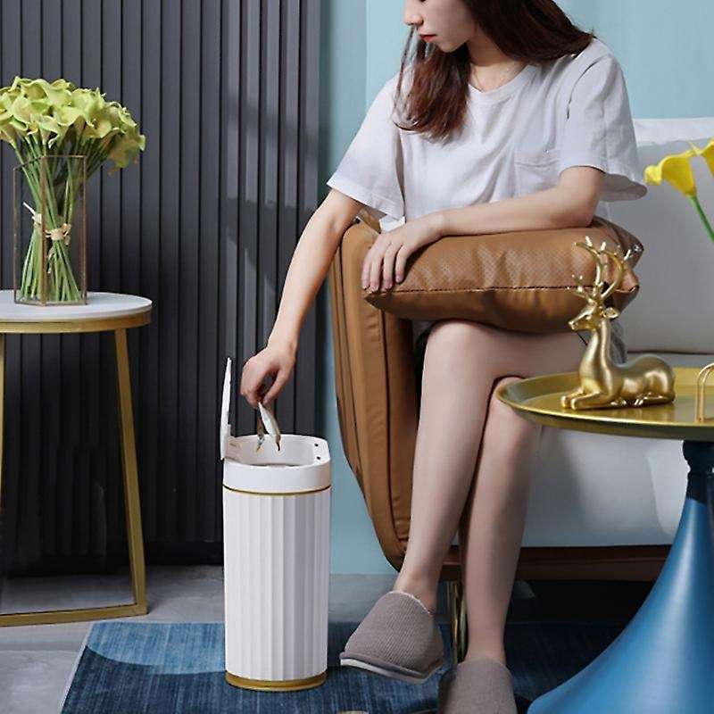 1Pcs Trash Can Golden Edge Waste Bin Kitchen Waterproof Bin Narrow Seam Automatic Electric Bin with