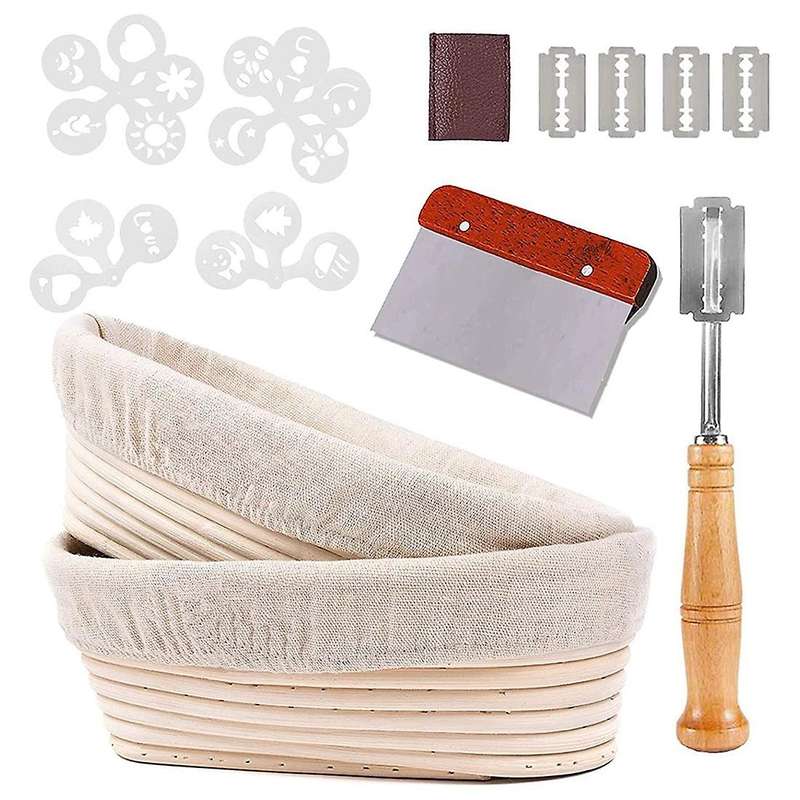 1Set Oval Bread Banneton Proofing Basket, 10 Inch Baking Bowl Kit for Sourdough with Dough , Bread L