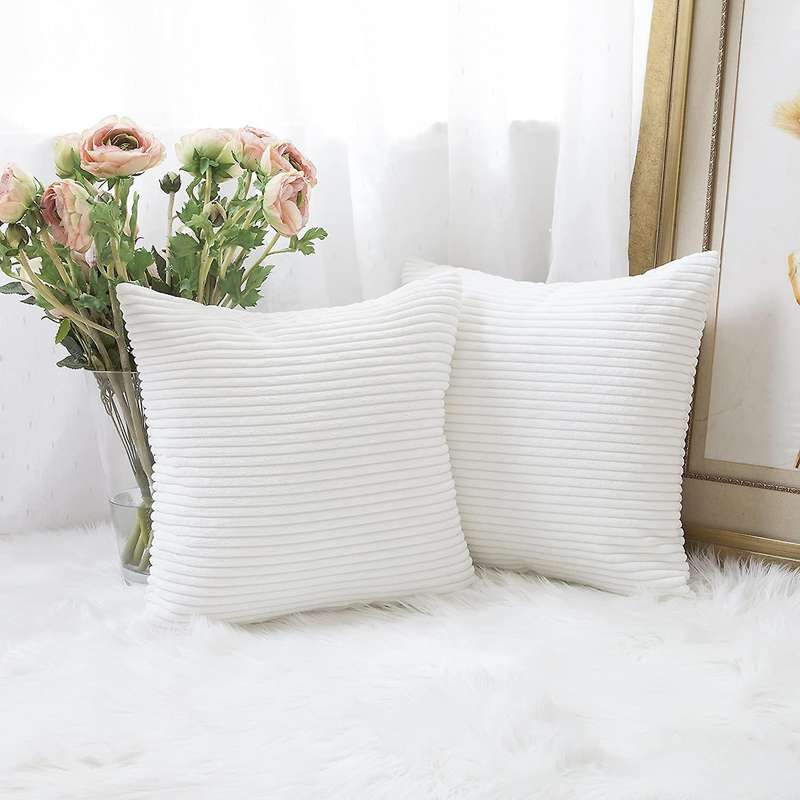 2 Decor Pillow Covers Striped Velvet Corduroy Decorative Throw Toss Cushion Cover for Sofa, Pure Wh