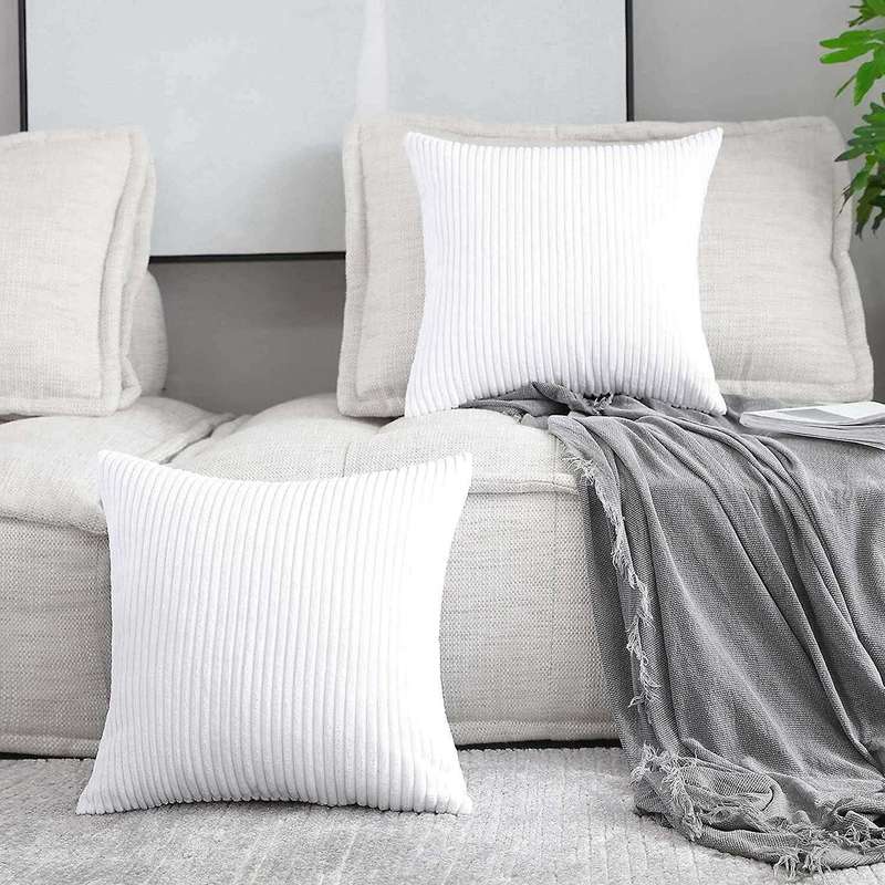 2 Decor Pillow Covers Striped Velvet Corduroy Decorative Throw Toss Cushion Cover for Sofa, Pure Wh