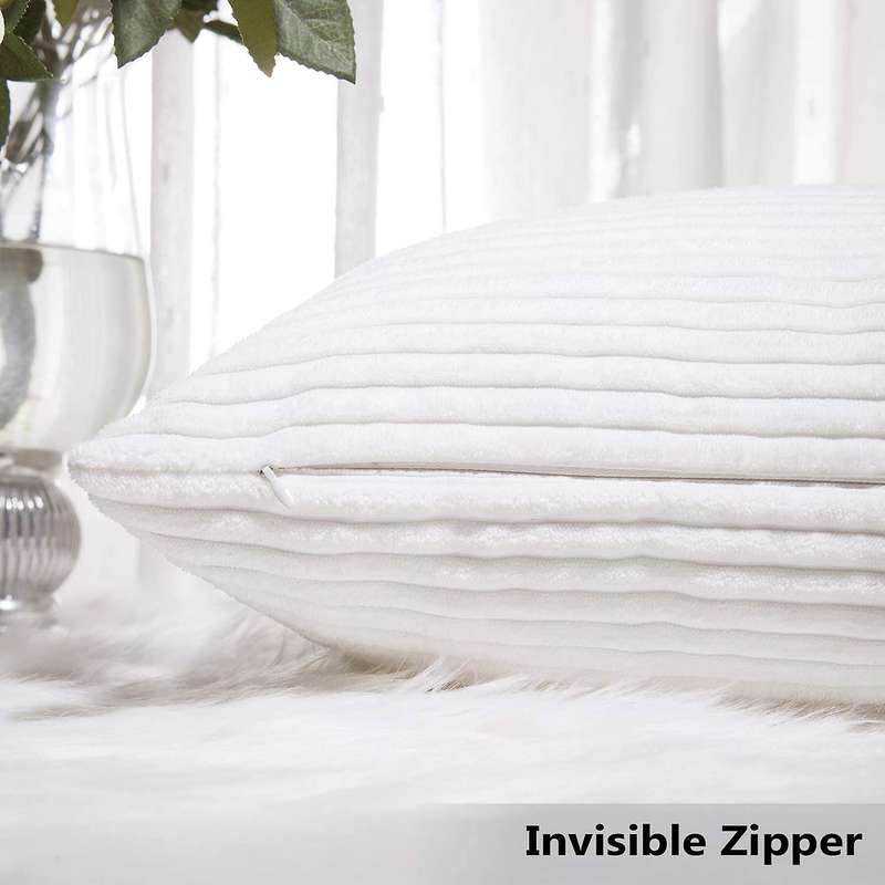 2 Decor Pillow Covers Striped Velvet Corduroy Decorative Throw Toss Cushion Cover for Sofa, Pure Wh