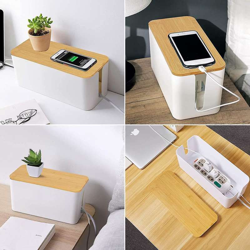 2 Cable Storage Box Large Box with Bamboo Lid for Messy Cables Wire Management