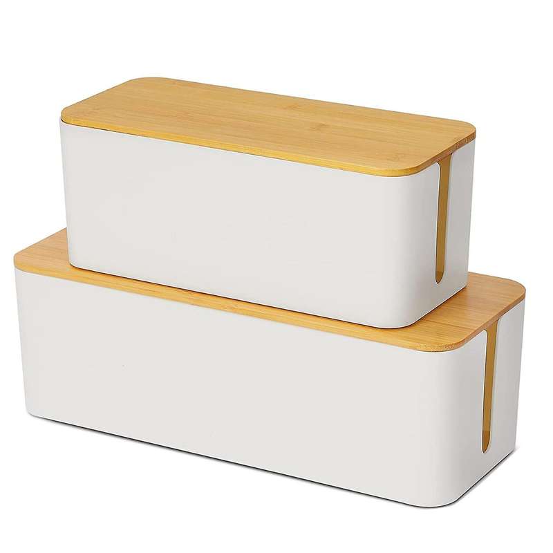 2 Cable Storage Box Large Box with Bamboo Lid for Messy Cables Wire Management