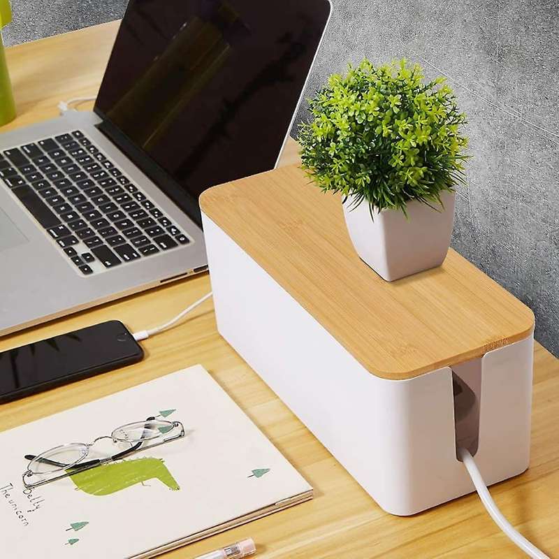 2 Cable Storage Box Large Box with Bamboo Lid for Messy Cables Wire Management
