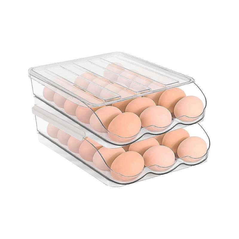 2 Layer Egg Holder Egg Storage Container for Refrigerator,ramp Type Auto Roll Egg Organizer for Ref