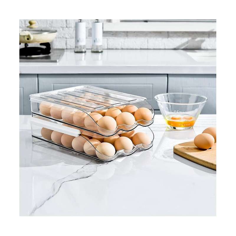 2 Layer Egg Holder Egg Storage Container for Refrigerator,ramp Type Auto Roll Egg Organizer for Ref