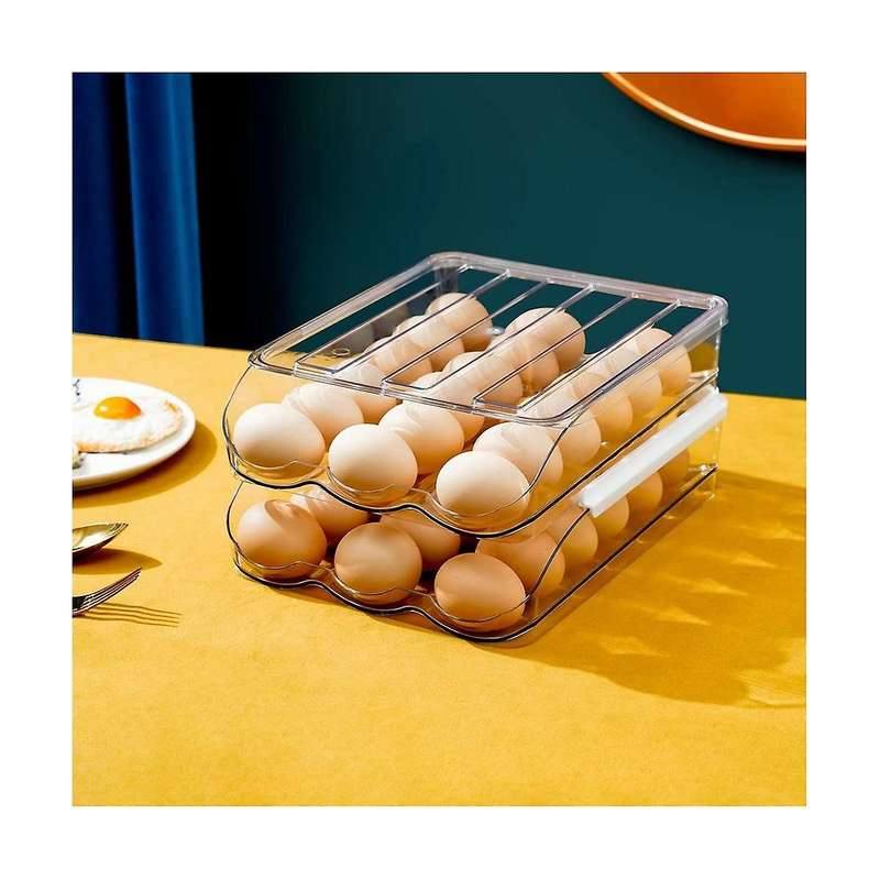 2 Layer Egg Holder Egg Storage Container for Refrigerator,ramp Type Auto Roll Egg Organizer for Ref