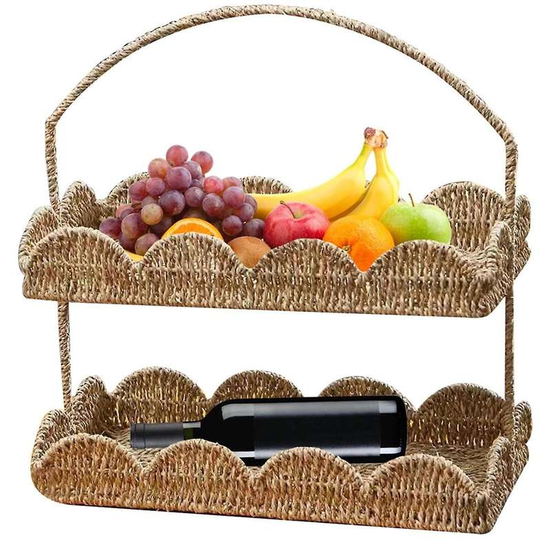 2 Layers Scalloped Basket Tray with Handle Rustic Decorative Woven Basket with Scalloped Edge Table