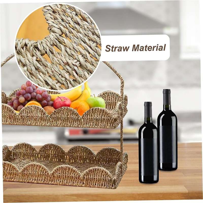 2 Layers Scalloped Basket Tray with Handle Rustic Decorative Woven Basket with Scalloped Edge Table