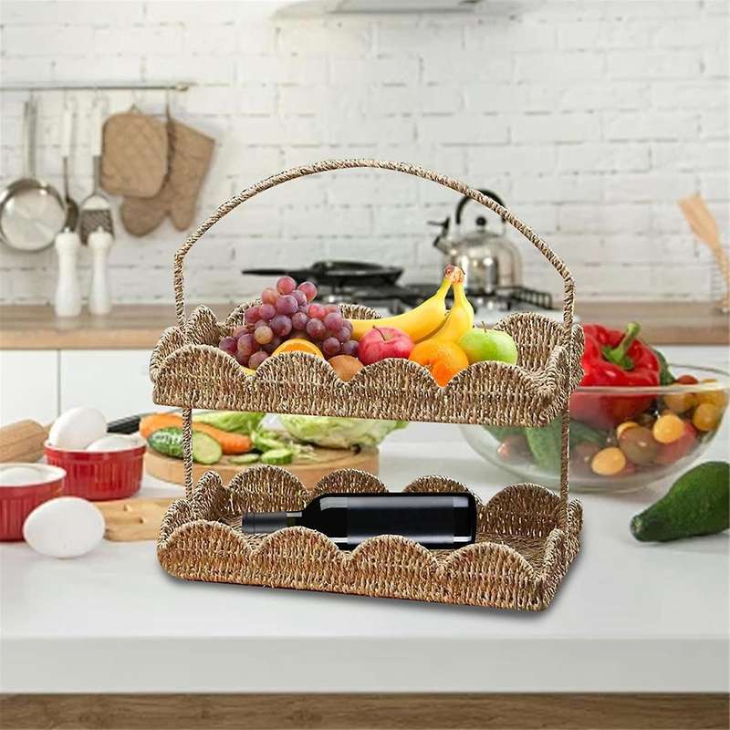 2 Layers Scalloped Basket Tray with Handle Rustic Decorative Woven Basket with Scalloped Edge Table