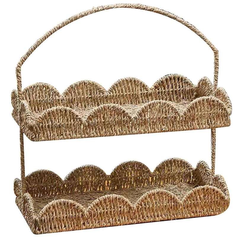 2 Layers Scalloped Basket Tray with Handle Rustic Decorative Woven Basket with Scalloped Edge Table