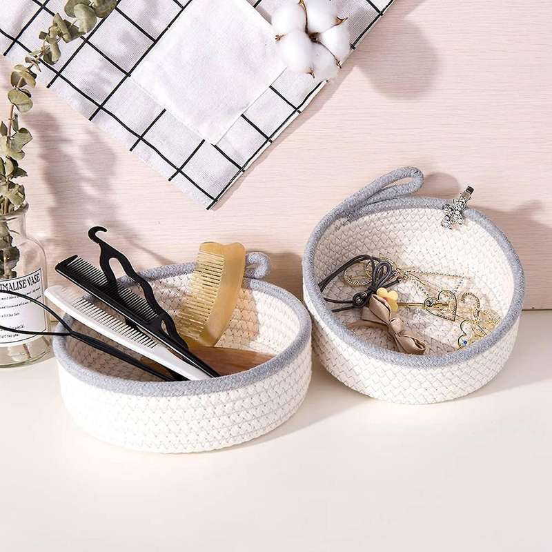 2 Mini Woven Baskets Round Cotton Rope Basket Little Storage Baskets for Organizing for Decor Baby T