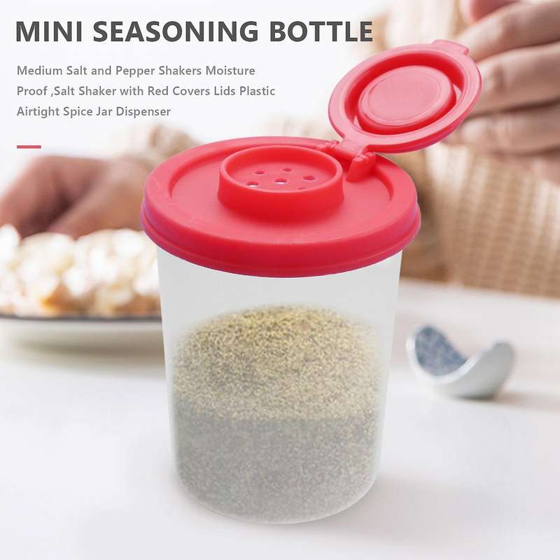 2 Medium Salt and Pepper Shakers Moisture Proof ,Salt Shaker with Red Covers Lids Plastic Airtight S