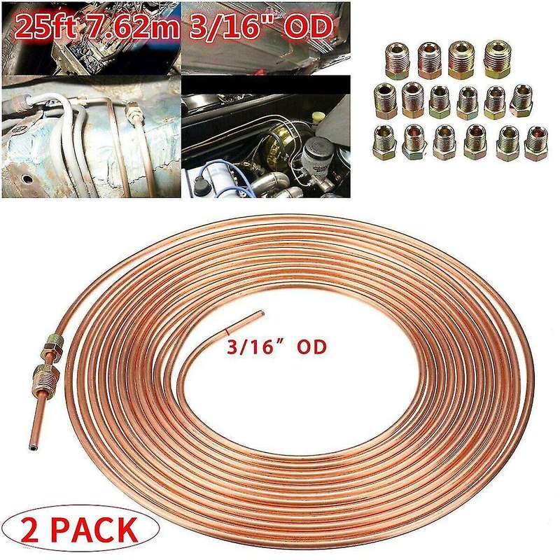 2 Pack 25ft Copper Nickel Brake Line Tubing Kit 3/16 Inch Od + 30pcs Fitting Nuts