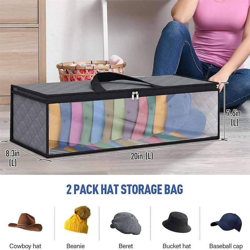 2 Pack Hat Storage Bag for Baseball, Caps Hat Organizer Case Hat Holder Rack with 2 Carry Handles F
