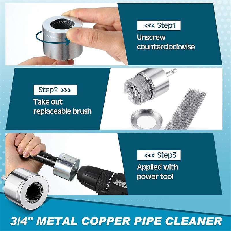 2 Pack Metal Copper Pipe Cleaner with 2 Replaceable Brushes Tube Cleaning Brush for Power Drill (1/2