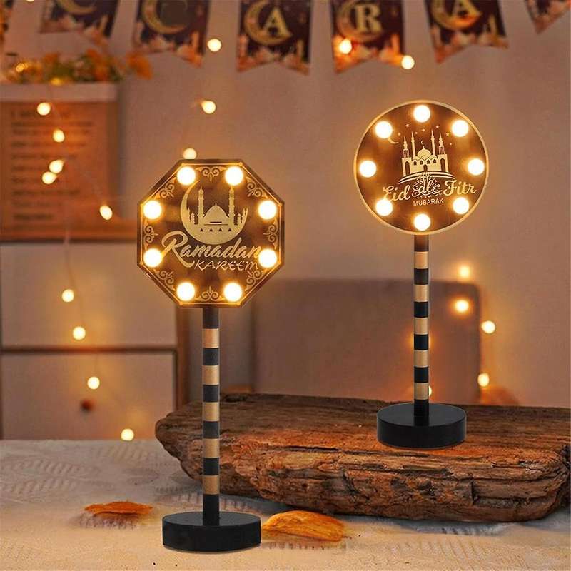 2 Pack Ramadan Decorations for Home, Wooden Ramadan Mubarak Table Centerpiece Lights, Eid Mubarak Cr