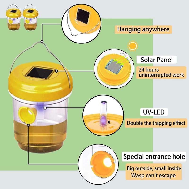 2 Pack Solar Trap Outdoor Hanging, Cather Hanging with Light for Yellow Jackets,hornets,bee, Traps