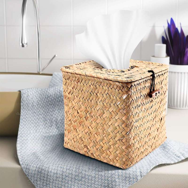 2 Pack Square Seagrass Facial Tissue Box - Decorative Woven Paper Holder Napkin Dispenser - Straw T