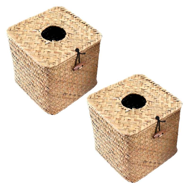2 Pack Square Seagrass Facial Tissue Box - Decorative Woven Paper Holder Napkin Dispenser - Straw T
