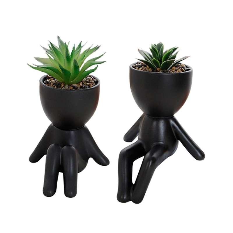 2 Pack Succulents Plants Artificial Succulents Cute Faux Succulents In Black Human Shaped Pots Offic