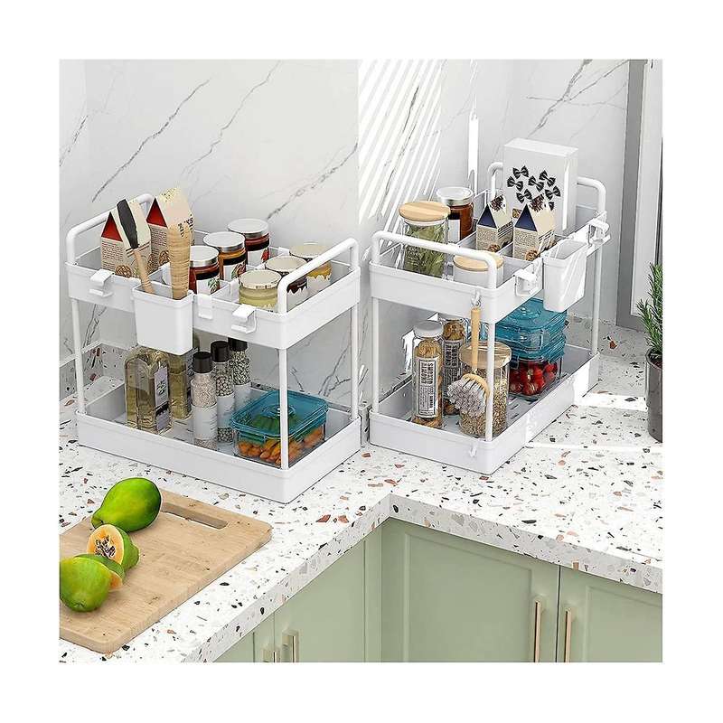 2 Pack Under Sink Organizers and Storage, 2 Tier Bathroom Organizer Under Sink with Handle Hanging