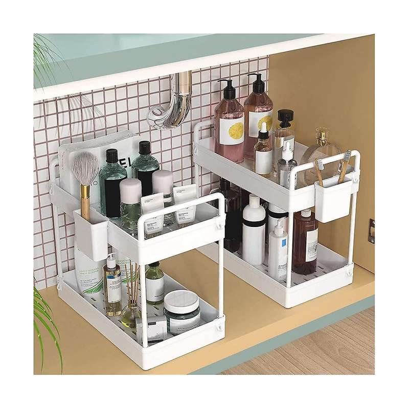 2 Pack Under Sink Organizers and Storage, 2 Tier Bathroom Organizer Under Sink with Handle Hanging
