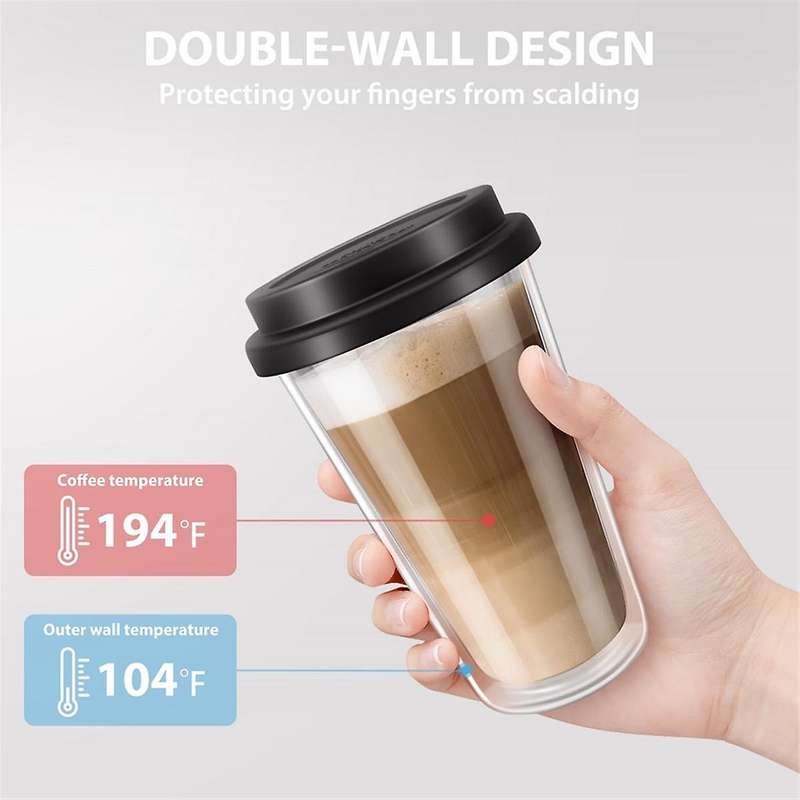 2 Packs Double Walled Glass Coffee Mugs with Silicone Lids,12 OZ /350ML Insulated Drinking Coffee Cu