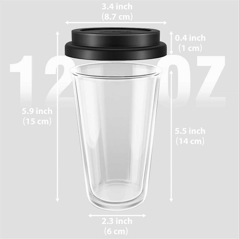 2 Packs Double Walled Glass Coffee Mugs with Silicone Lids,12 OZ /350ML Insulated Drinking Coffee Cu