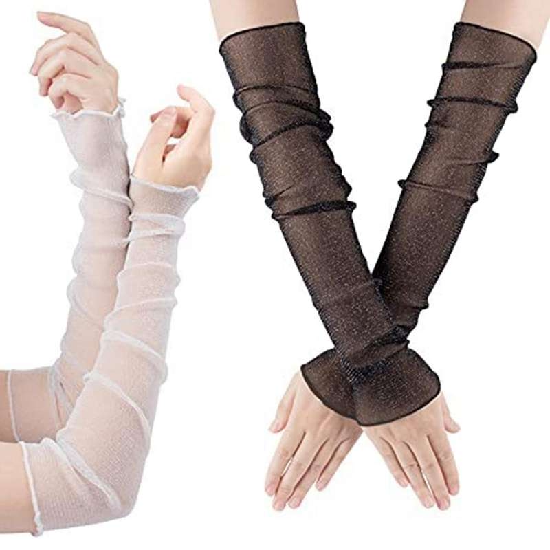 2 Pairs Women Long Lace Gloves Arms Legs Sleeves Fingerless Tulle Sunscreen Accessory Black White