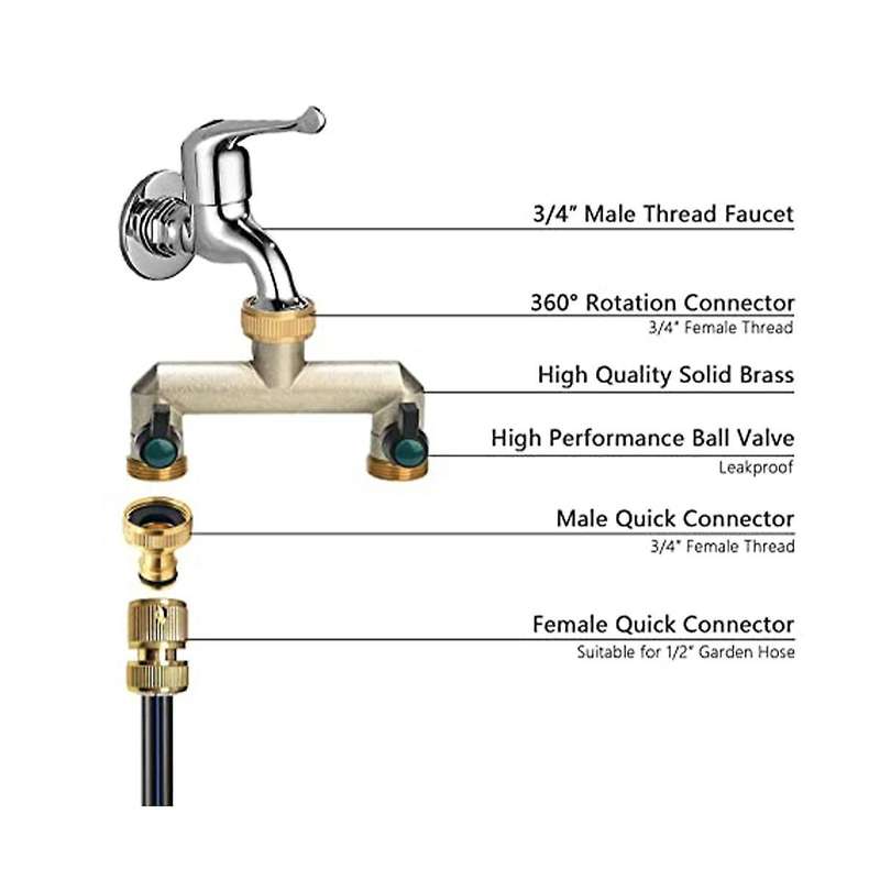 2 Path Valve for Garden Kitchen Tap, Brass Water Distributor Twice with A Ball Tap, European Standa