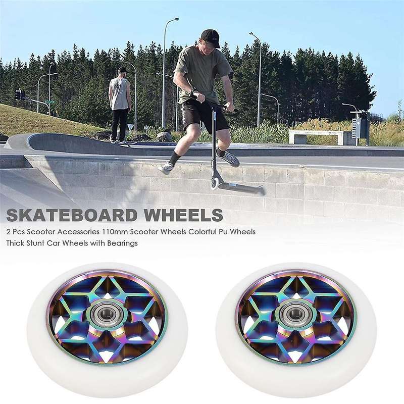 2 Pcs 110mm Scooter Wheels Colorful Pu Wheels Thick Stunt Car Wheels with Bearings(White)